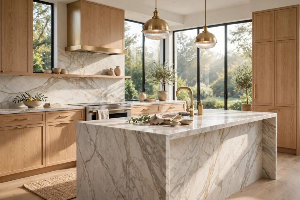 Beautiful modern kitchen that does not look dated, white oak and marble with brass fixtures