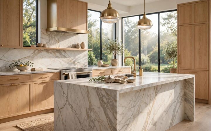 Beautiful modern kitchen that does not look dated, white oak and marble with brass fixtures