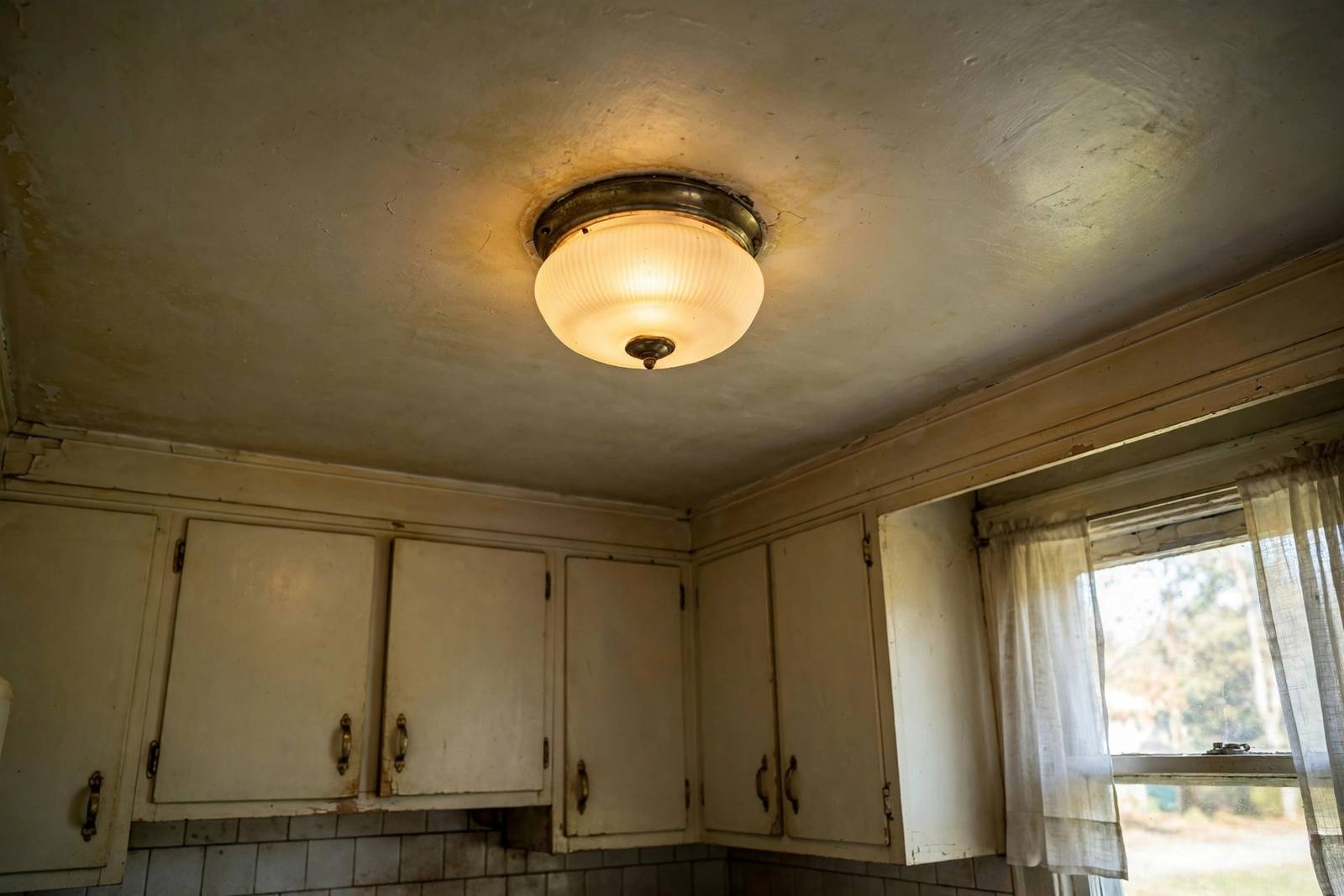 Dated kitchen with an old frosted glass flush-mount ceiling light casting yellow light — a kitchen that looks dated because of old lighting