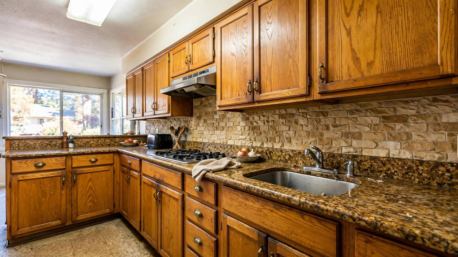 Dated kitchen with busy speckled brown granite countertops and tumbled stone backsplash tiles
