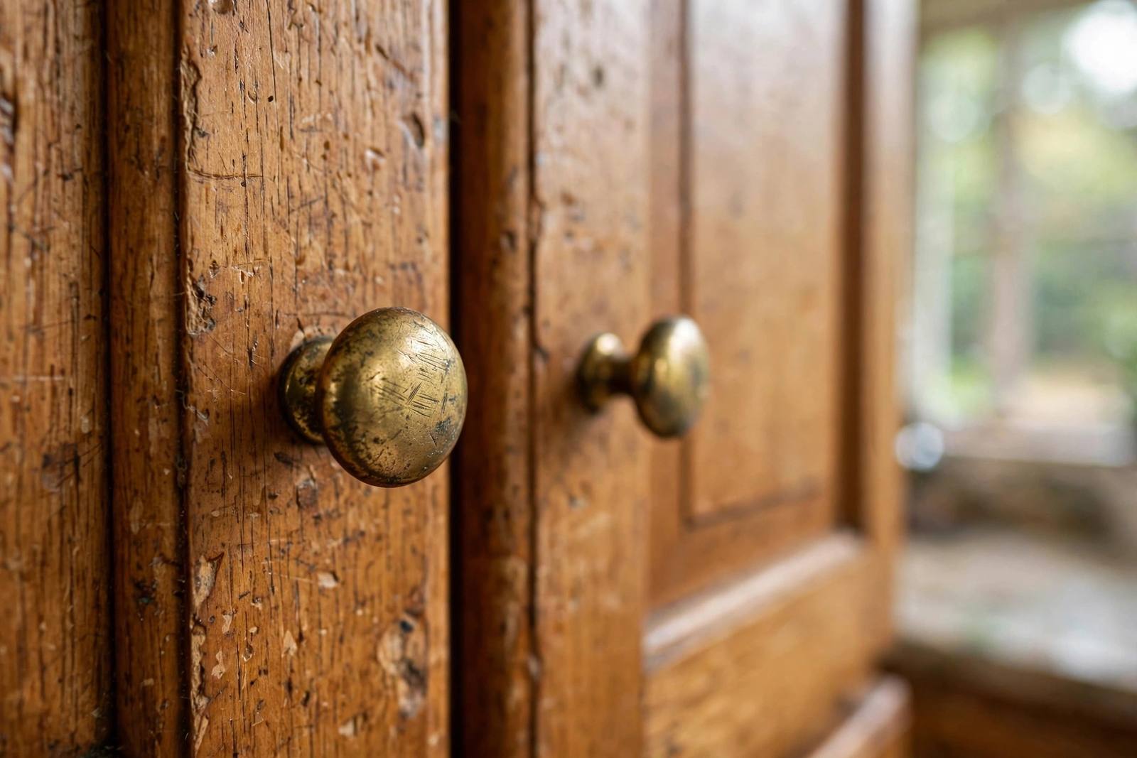Close-up of small worn 1990s brass cabinet knobs on dated oak kitchen cabinets