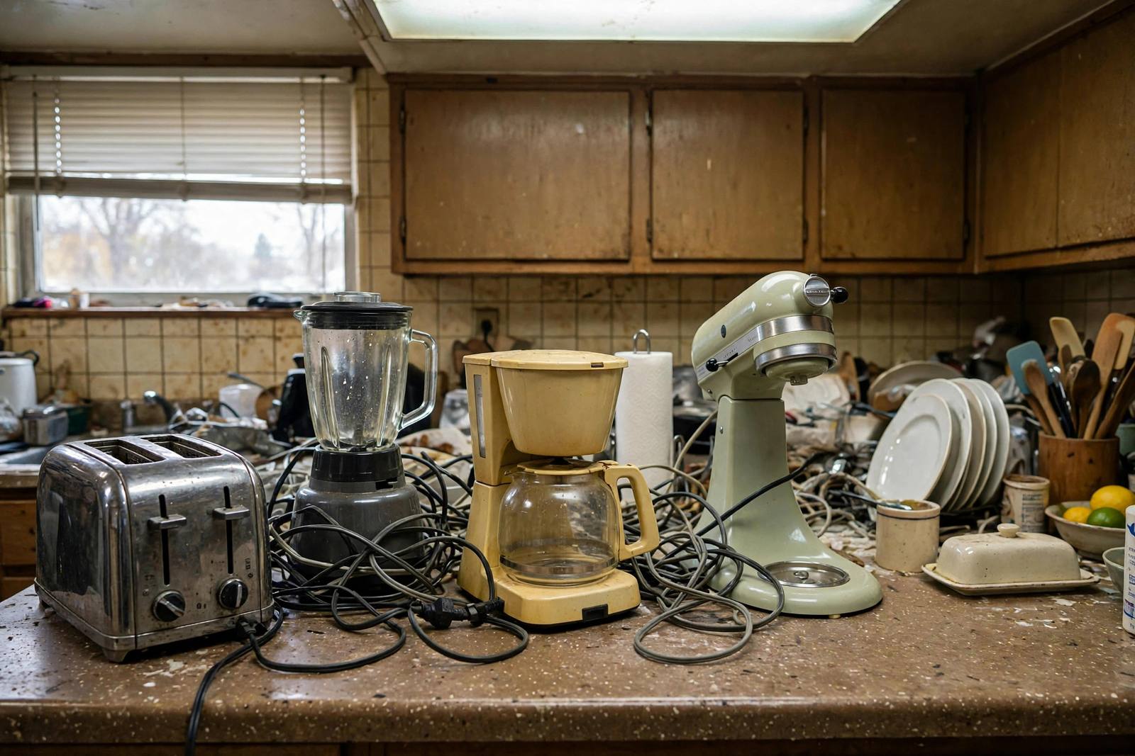 Cluttered dated kitchen countertop crowded with small appliances and no clear workspace