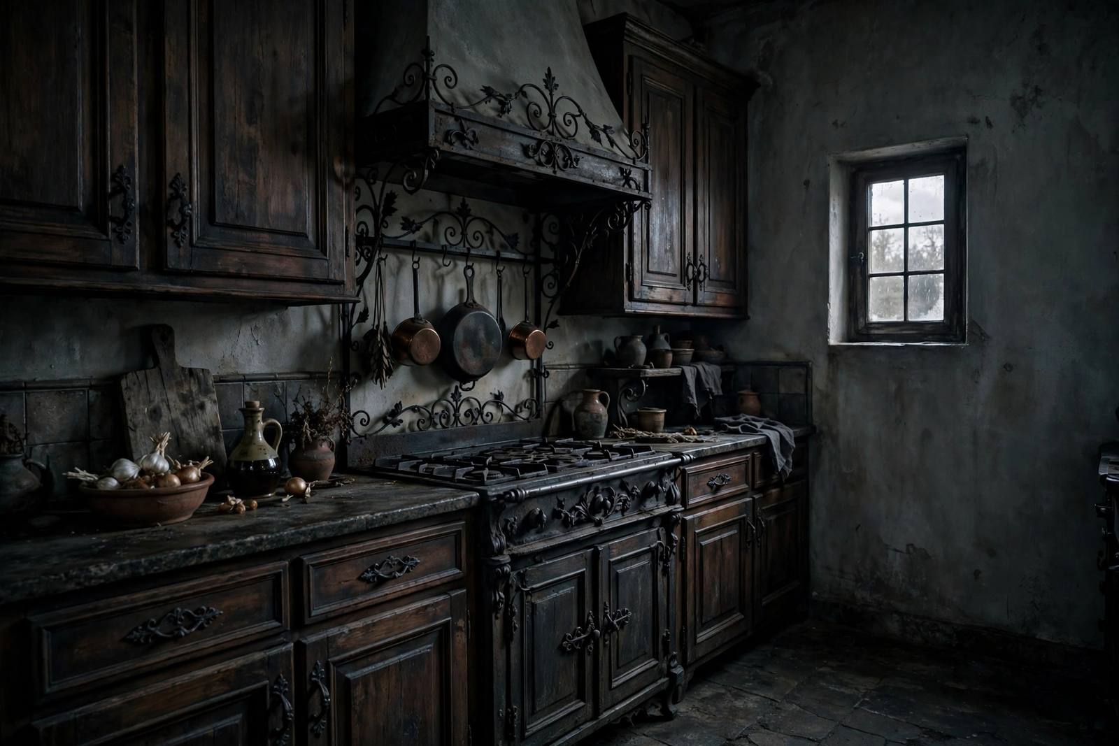 Dated kitchen with flat gray walls and heavy dark Tuscan-style finishes looking gloomy