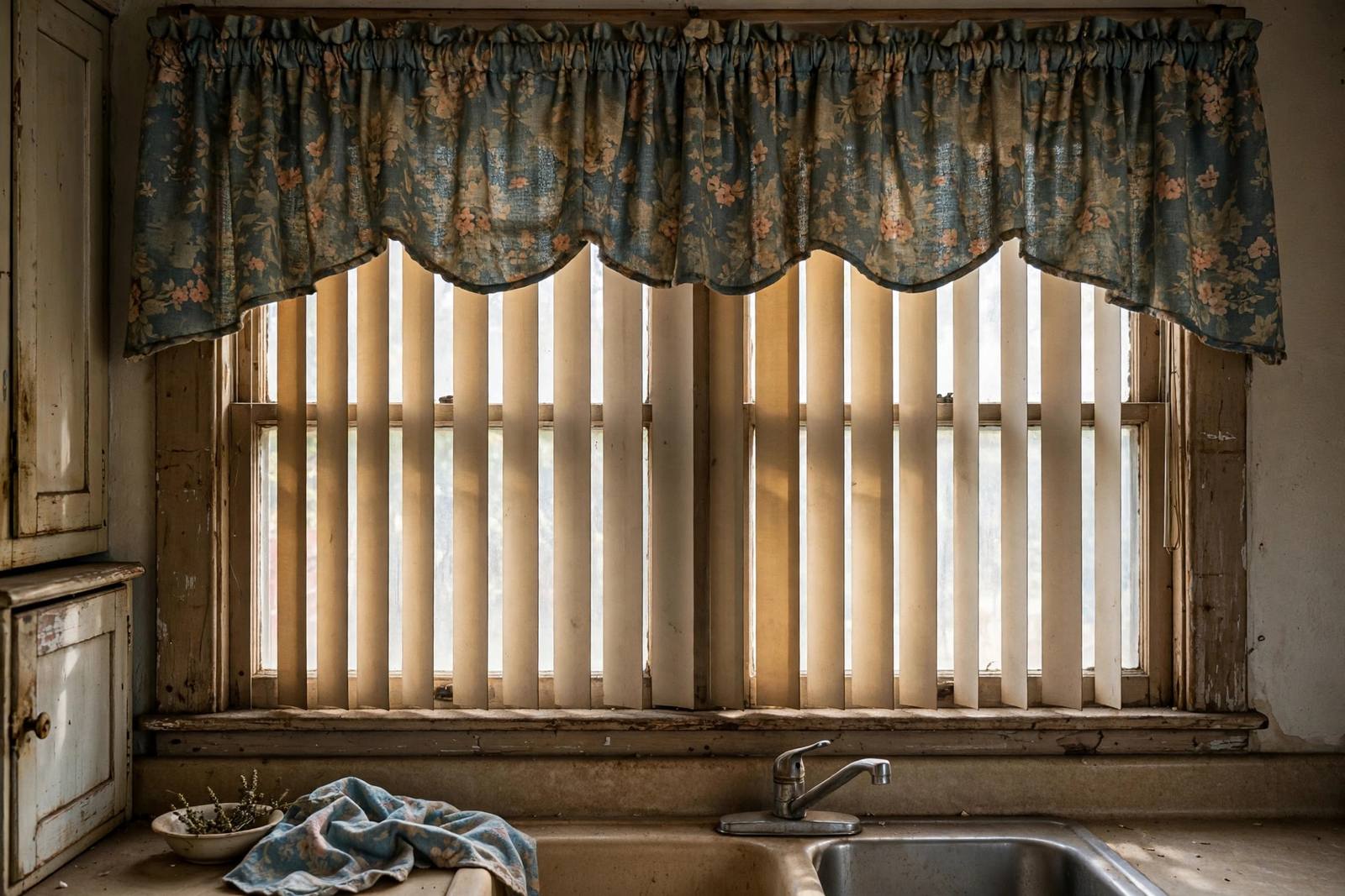 Kitchen window with a heavy patterned valance and old vertical blinds that make the kitchen look dated