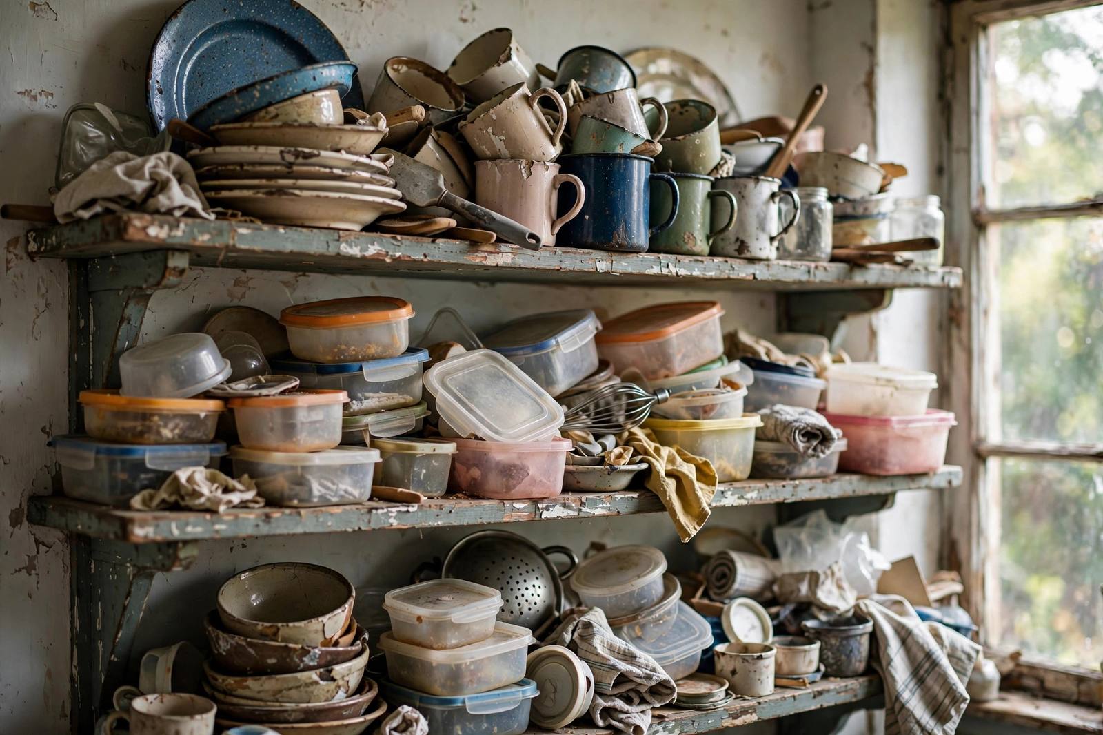 Messy open kitchen shelves overloaded with mismatched dishes, a dated styling look