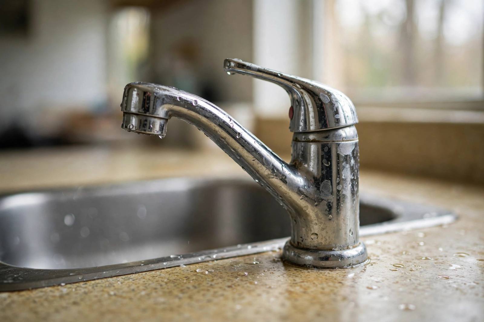 Close-up of a basic chrome builder-grade kitchen faucet with water spots in a dated kitchen