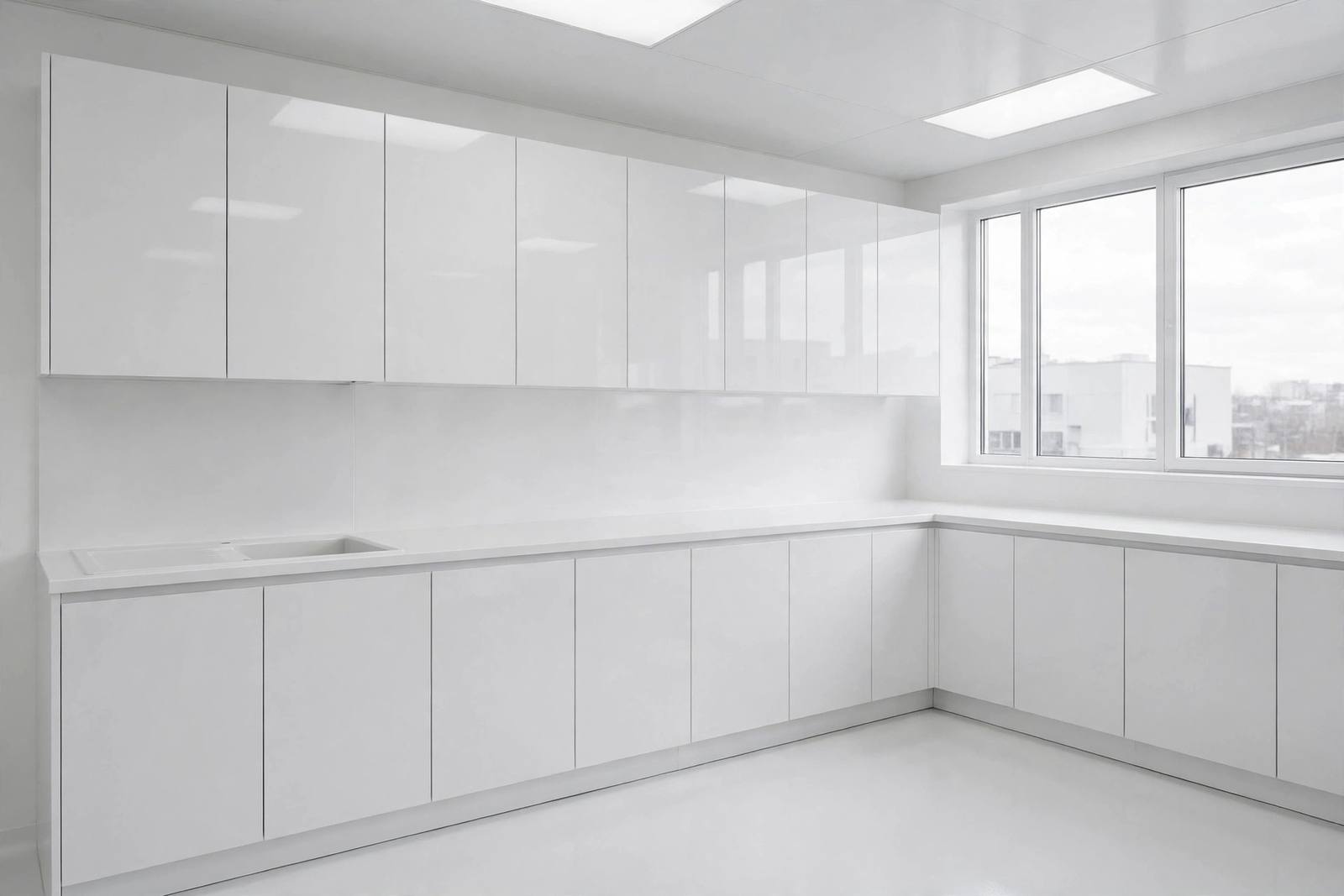 Sterile all-white flat kitchen with no texture, wood, or decor feeling cold and dated